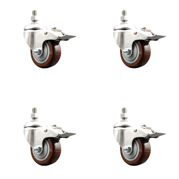 Service Caster 3 Inch 316SS Maroon Polyurethane Swivel 3/8 Inch Stem Caster Set Lock Brake SCC SS316TSTTL20S314-PPUB-MRN-381615-4 - main